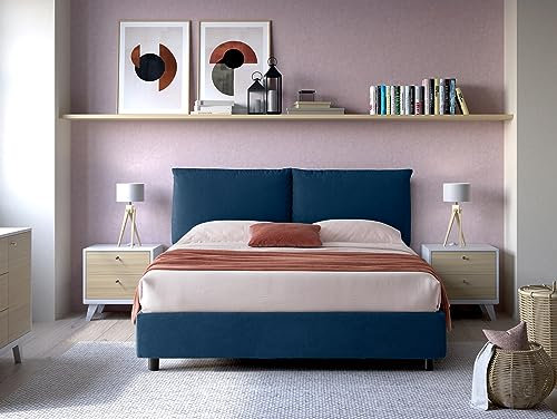 EVERGREENWEB - Letto Matrimoniale con Moderno Box Contenitore e Rete a Doghe in Legno 160x195 cm Elegante Testiera con Doppi Cuscini Tessuto colore Blu Imbottito SFODERABILE Ideale per Camera da Letto