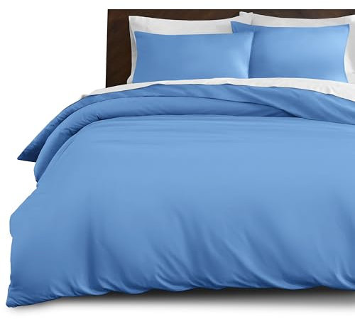 Hafaa Dyed Duvet Cover Brushed Microfiber Quilt Cover with Button Closure Luxury Bedding Light Blue Duvet Cover with 2 Pillowcases Double Duvet Set (200cm x 200cm)