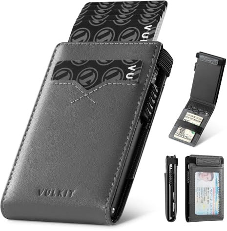 VULKIT Mince Porte Carte de Crédit RFID Bloquant Pop Up Carte Portefeuille Minimaliste Mince Portefeuille avec Fenêtre d'identification Arrière Peut Contenir 8 Cartes