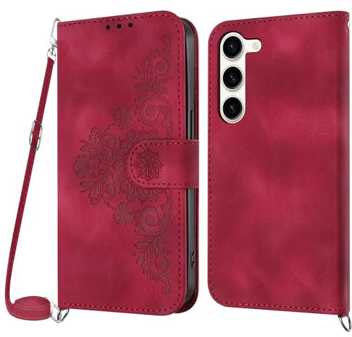 Netany Cover per Samsung Galaxy S23 con Cordino, Flip Portafoglio Custodia in Pelle, [2 Porta Carte][Chiusura Magnetica],Custodia Libro Antiurto Cover con Laccio per Samsung S23 (Rosso)
