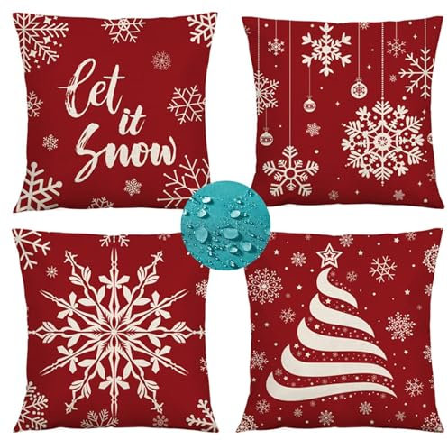 4er Set Wasserdichter Kissenbezug 50x50 cm Wasserdichter Leinen Outdoor Kissen Rot Weihnachten Dekokissen Sofakissen Kissenbezüge Herbst Kissen Perfekte für Outdoor Garten Auto Zuhause Dekoration