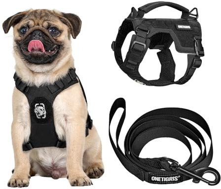 OneTigris Hundegeschirr Kleine Hunde mit Leine(150cm), Mini Trooper Welpengeschirr mit Steuergriff und 2 Abschlepppositionen für Kleine Hunde, Schwarz XS