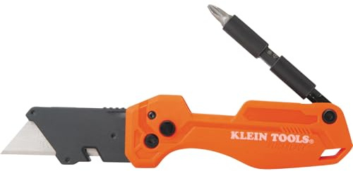 Klein Tools 44304 Folding FLICKBLADE Utility Knife, Compact, Removable Impact Driver, 1/4-Inch Nut Driver and #2 Phillips Bit