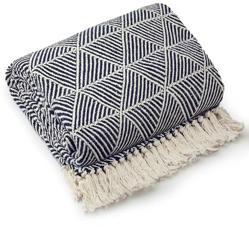 Emma Barclay Throw Blanket For Sofas Bed Extra Large Recycled Cotton Throws For Settees In Navy Throw Scandi Woven Blankets - Zahra Collection 50 x 60 (127cm x 152cm) Navy