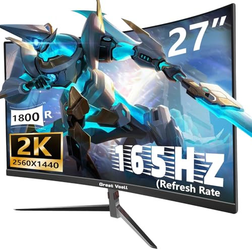 Great voell 27 pollici Gaming Monitor curvo 1440P (2560 * 1440), 2K, 165HZ, Anti-Blue Light Eye Protection, compatibile VESA-100 * 100mm, inclinabile, con FreeSync, supporto HDR, HDMI+DP, 16:9