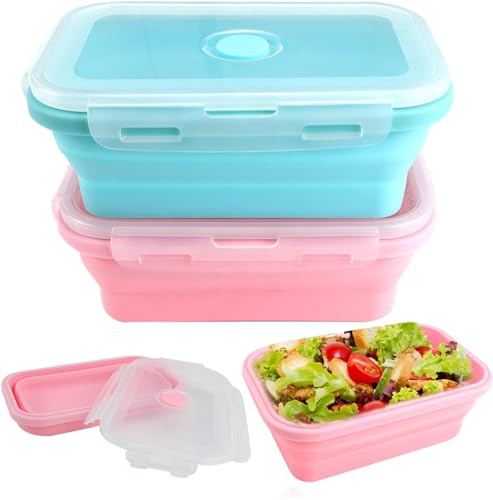 Tyafzzn Faltbare Frischhalteboxen, 2 Stück Faltbare Brotdose mit Deckel, 800ML Faltbare Lunchbox, Faltbare Dose Silikon Geeignet für Reisen und Picknicks oder Küchenmikrowellen-Kühlschrank (Blau+Rosa)