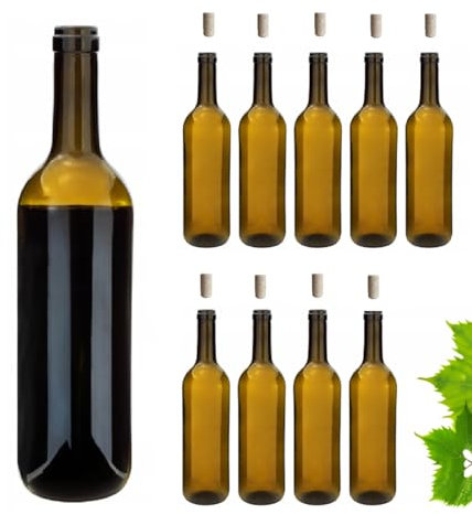 10x Weinflasche 750 ml ohne/mit Korken Glasflasche Leere Flasche Likör Wein 3 Farben (10 STK. mit Korken, Braun)