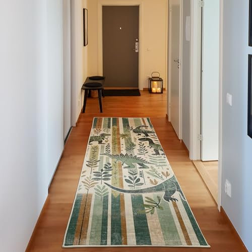 ABAKUHAUS Dinosaurier Dekorativer Teppich, Blätter Jurassic Tiere, Hochwertiger Flächenteppich für Schlafzimmer und Wohnzimmer, 76x229 cm, Laurel Grün Teal