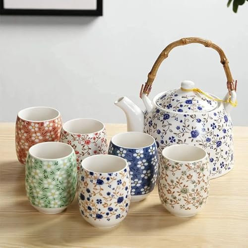 Home & Treat 7 Pcs, 900ml Vintage Floral Porcelain Tea Pot Set with 6 Cups | Colorful Handmade Ceramic Teaset with Cups | Household, Hotel, Resturent Tea Cups Set