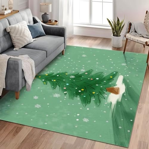 Grün Waschbarer Teppich - 160cm x 230cm, Weicher Kurzflor Teppich, Niedlicher Weihnachtsbaum Design, für Wohnzimmer, Schlafzimmer, Spielzimmer, Zusammenklappbar Teppich