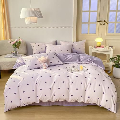 Freyamy Housse de Couette 200x200 Amour Violet Parure de lit 2 Personne en Microfibre avec Fermeture Éclair Réversible Sets de Housse Couette avec 2 Taie d'oreiller 65 x 65cm pour Filles Enfants