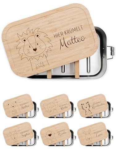 wunderwunsch® - Personalisierte Brotdose für Kinder - Robuste und Individuelle Edelstahl Brotdose mit Namen - Personalisierte Geschenke für Kinder (klein Edelstahl,Löwe)