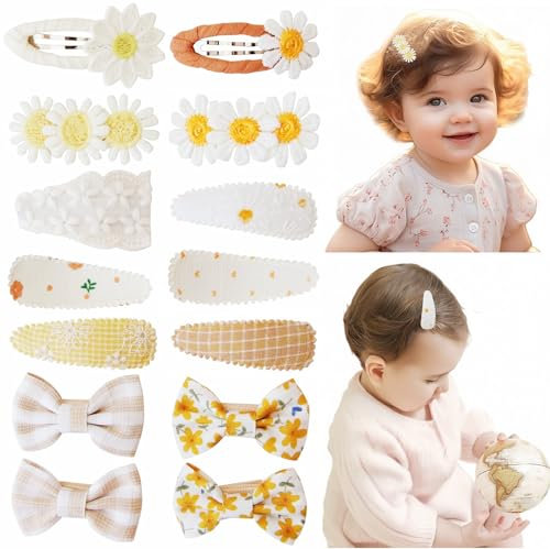 KAQILE Lot de 14 barrettes à cheveux en coton et lin pour filles - Motif marguerite - Jaune