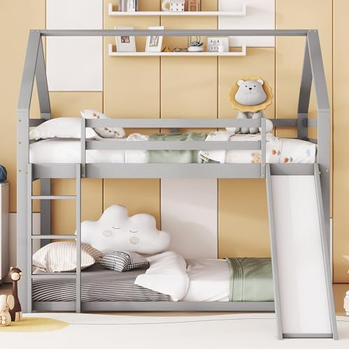 BENMWS Doppelbett,Kinderbett Hausbett Etagenbett mit Rutsche und Leiter,Kinderzimmer Hoch-Doppel-Stockbett,140 * 200cm (Grau)