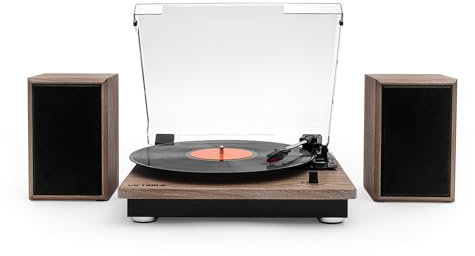 Victrola Montauk Vinyl Record Player, Farmhouse Walnut Finish, 3-Speed Belt Driven Turntable with Stereo Bluetooth Speaker Pair, RCA Output and 3.5mm Headphone Jack, Removable Dust Cover, Oak