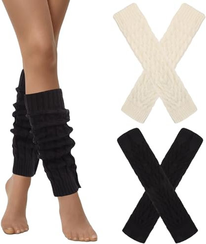 Risipu-2 Pairs Women's Knit Leg Warmers, Chunky Cable Knee High Boot Cuffs, Cozy Crochet Ankle Warmers for Winter, leg warmers for women and girls black and white