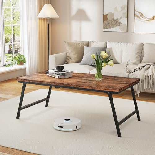 Flycity Couchtisch Klappbar, Kaffeetisch Mit Tischbeinfixierung, Keine Montage Erforderlich, Vintage Sofatisch, Wohnzimmertisch Holz, Coffee Table, Bodentisch für Wohnzimmer und Schlafzimmer, Braun