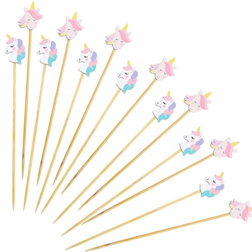 Catelves Einhorn Spieße Fingerfood Kinder,100 Stück Einhorn Cocktailspieße Zahnstocher Holz,13cm Einhorn Holzspieße Käsespieße,Einhorn Obstspieße für Cocktail Deko,Cupcake Topper Sommer Partyspieße