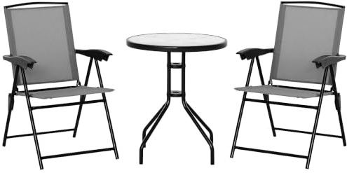 Outsunny Ensemble de Jardin 3 Pcs 2 Chaises Inclinables Table Ronde Gris | Multi-Positions, Pliables, Verre Trempé, Métal Textilène, pour Balcon