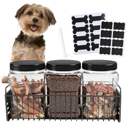 APITOS Dog Treat Jar Set of 3, Large Dog Treat Container for Kitchen Countertop, Airtight Plastic Pet Biscuit Snack Tin, with Metal Racks, for Pet Snack Storage (68oz*3)