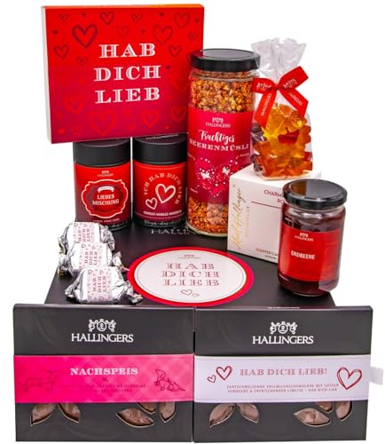 Hallingers Genuss Manufaktur Feinkost Valentinstagsgeschenk-Set - XXL-Geschenkkorb Hab dich lieb großer Liebesgruß Nougat, Tee, Pralien, Duftkerze, Konfitüre & viel mehr, Valentintstag für Frauen