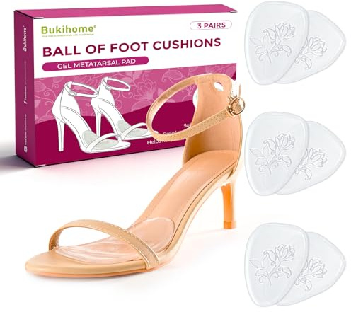 Bukihome Ballenpolster Vorfuß für Frauen – 3 Paar Geleinlagen für Schuhe Damen, Rutschfeste Vorfußpolster Mittelfußpolster für High Heels, Sandalen, Hochzeiten, Partys, transparente Farbe