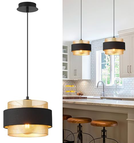 HARPER LIVING Modern Pendant Ceiling Light, Black Fabric & Gold Mesh Metal Shade, 122cm Height Adjustable Hanging Light, 40W E27 Ceiling Lamp for Living Room, Bedroom, Kitchen Island