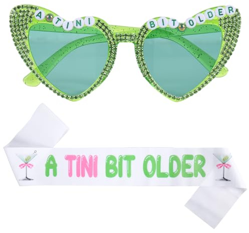 JarThenaAMCS A Tini Bit Older Sunglasses with Sash Pink Bow Cocktail White Sash for Martini Birthday Bachelorette Party Decorations