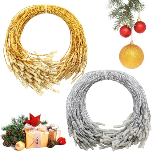 KASURE 400 Piezas Ganchos para Bolas de Navidad Dorado y Plateado, Cuerdas Decorativas con Cierre Rápido Cuerda para Colgar Adornos, Hilo de Navidad para Decoración del Árbol, Manualidades y Regalos