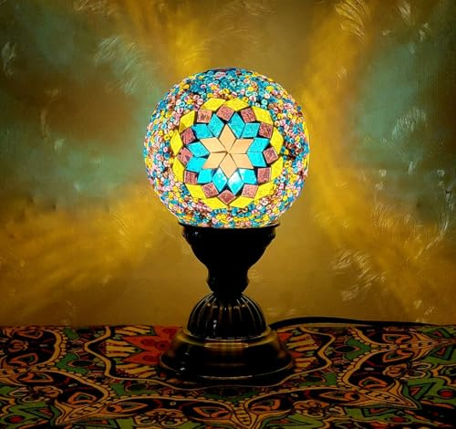 Maimeili Retro türkische Mosaik Vase Lampe türkische marokkanische Tischlampe bunte handgefertigte Glasvase mit Holzbasis für Blumen USB Lade Dekor Licht für Schlafzimmer Umgebung Wohnzimmer