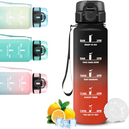 Mujigaga Trinkflasche, Trinkflasche 1l Kohlensäure Geeignet, Wasserflasche Auslaufsicher, Wasserflasche mit Zeitmarkierung und Uhrzeit, Leicht zu Reinigen, für Fitness, Schule, Sprudel, Joggen, Gym