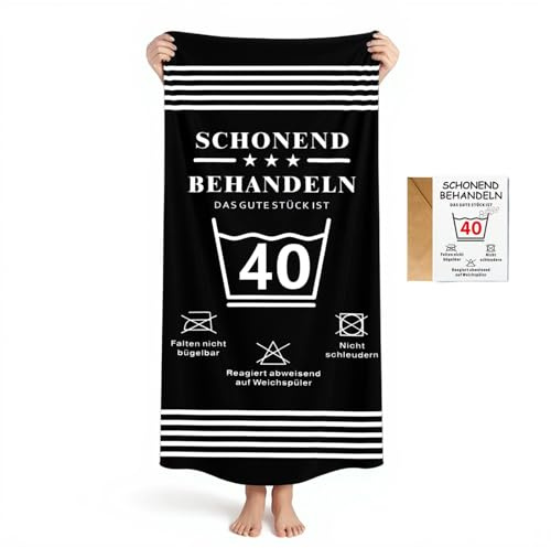 Gratitopia Geschenke zum 40. Geburtstag - Schwarz Handtuch & Strandtuch mit Geburtstagskarte 40(160x80cm)- Schonend behandeln Das Gute Stück ist 40 - Lustige Geschenk 40 Geburtstag für Männer & Frauen