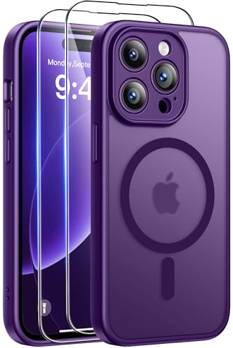 FLLAO for iPhone 14 Pro Case, Magnetic Bumper Case with 2X HD Screen Protector, Full Camera Protection, Military-Grade Shockproof, Slim Translucent Matte, Darkpurple