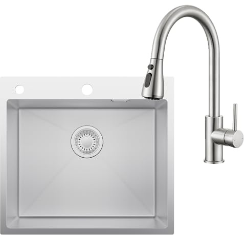 CECIPA 44x49 cm Lavello Acciaio Inox con Arco Rubinetto Cucina Estraibile | Lavandino Cucina 1 Vasca per Mobile da 50cm, Lavelli con Foro, da Incasso o Banco con Sifone e Scarico