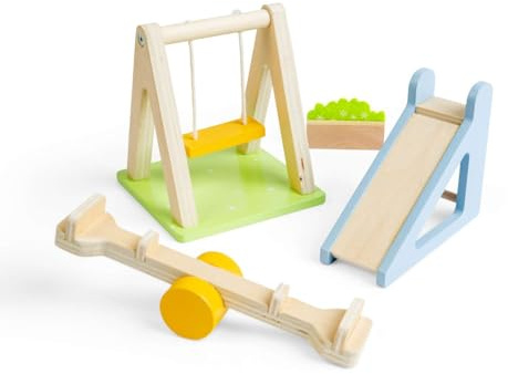 Bigjigs Toys Gartenset 4 Stück Holz Puppenhaus Schaukel Rutsche & Wippe | Miniatur Holz Schaukel Rutsche & Wippe Puppenhaus Garten Zubehör Geschenk für Kinder ab 3 Jahren