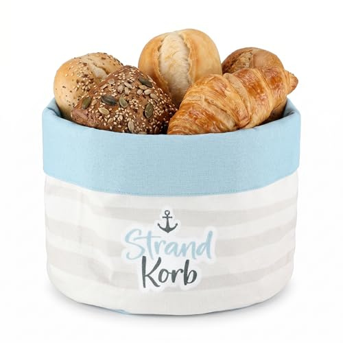 CULT at home Brotkorb Stoff waschbar - Bread Basket Brotkörbchen modern – Servierkorb „Strandkorb“ – Oeko-Tex 100% Baumwolle faltbar – Beige Weiß Blau Ø 20 cm