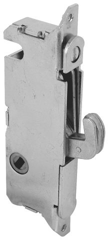 Prime-Line E 2199 Stainless Steel Mortise Lock - Adjustable, Spring-Loaded Hook Latch for Sliding Patio Doors Made of Wood, Aluminum & Vinyl, 3-11/16”, 45 Degree Keyway, Round Face (Single Pack)
