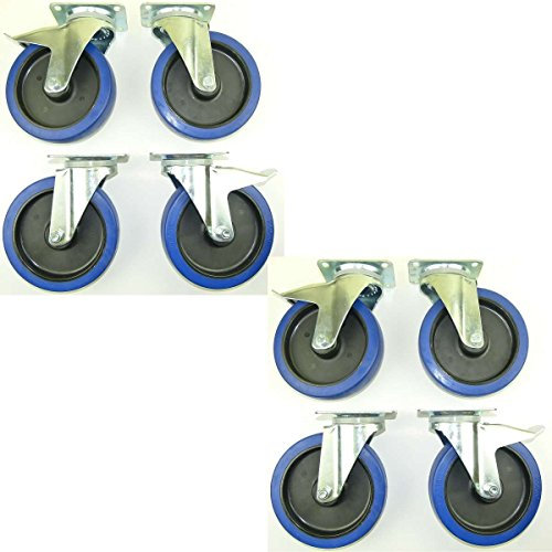 2 Satz 200mm Blue Wheels Lenkrollen mit Bremse/Feststellbremse, Lenk/FS Transportrollen 350kg / Rad - INDUSTRIEQALITÄT (4x Brems + 4x Lenk)