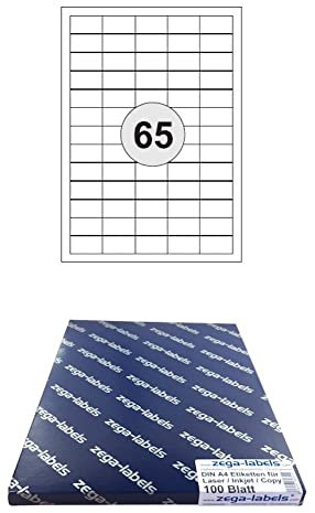 6.500 Etiketten 38 x 21,2 mm selbstklebend auf DIN A4 Bögen (5x13 Etiketten) - 100 Blatt Pack - Universell für Laser/Inkjet/Kopierer/Farblaser einsetzbar - 38x21mm 65-teilig