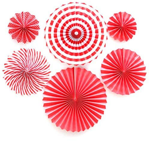 Happium 6 Pcs Paper Fans Set Assorted Colors Hanging Decorations Paper Garlands Ceiling Wall Decor Party Supply Photo Back Drop for Birthday Wedding Graduation Events Accessories Red Strip