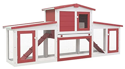 vidaXL Holz Großer Kaninchenstall Hasenstall Kaninchenkäfig Hasenkäfig Kleintierstall Hasenvilla Meerschweinchen Rot Weiß 204x45x85cm