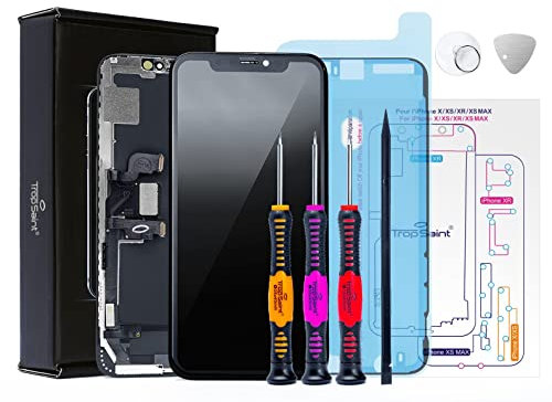 Trop Saint® Pantalla Negra OLED Compatible con iPhone XS MAX - Kit de reparación con Superficie de Trabajo magnética, Herramientas y Pegatina Adhesiva Impermeable