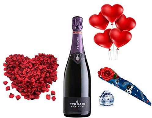 Kit San Valentino -Perugina- Rosa con Baci Perugina + Ferrari Maximum Demi Sec 75 cl + 14 Palloncini Cuore + Petali di Rosa