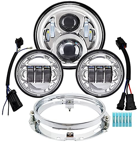 AlyoNed 7 inch Motorcycle LED Headlight 4.5 Fog Passing Lights DOT Kit Compatible with Harley Davidson Fat Boy Street Glide Heritage Softail Road King Switchback Electra Glide Ultra Classic Chrome