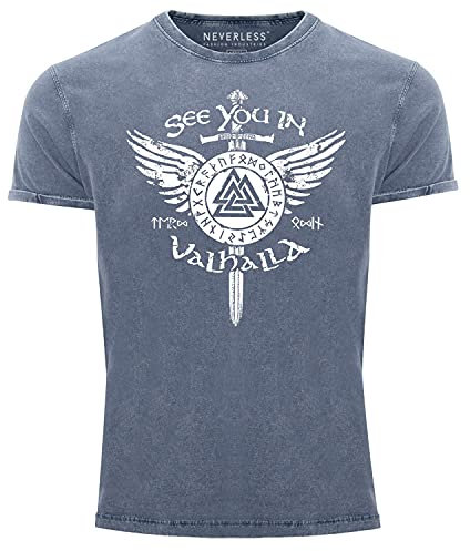 Neverless® Herren Vintage Shirt See You in Valhalla Schwert Runen Odin Vikings Printshirt T-Shirt Aufdruck blau XXL