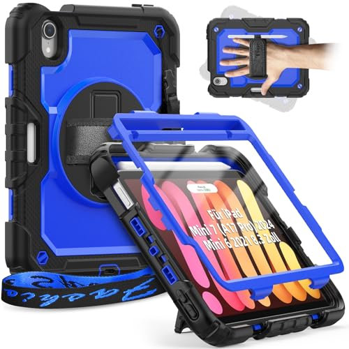 Timecity Hülle für iPad mini 7 (A17 Pro) 2024/Mini 6 2021 8,3 Zoll Stoßfest Robust Schutzhülle mit Displatschutz Stifthalter Handschlaufe Schultergurt 360-Grad-Drehbarer-Ständer-Dunkelblau