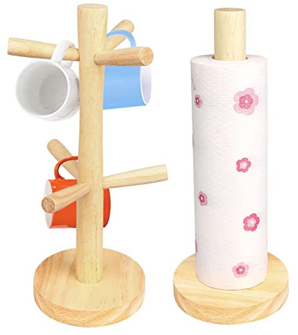 doesnotapply 2 Pack Wooden Mug Tree and Kitchen Roll Holder Set 6 Cups Mug Holder Tree Stand and Free Standing Paper Towel Holder with Weighted Base for Kitchen Counter Tabletop Brown