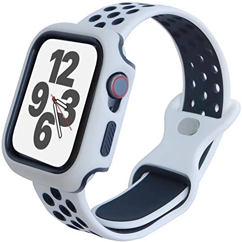 EWENYS Bracelet sport en silicone souple avec coque pour Apple Watch Series 6 5 4 44 mm, Bracelets de remplacement avec protection Nike Sport multi-trous et respirants, Blanc noir