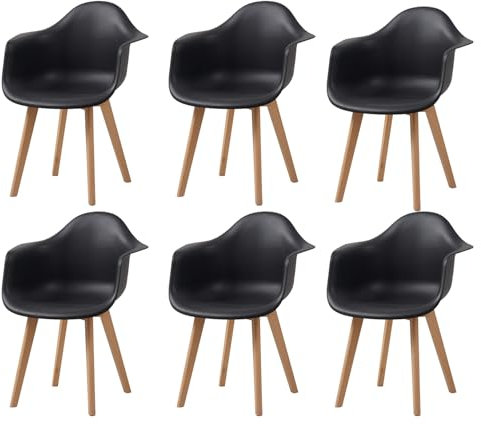 GrandCA HOME Lot de 6 Chaises de Salle à Manger Fauteuils avec Pieds en Bois, Siège en Polypropylène Premuim, Chaises de Cuisine avec Accoudoir pour Salon, Salon Bureau(6, Noir)