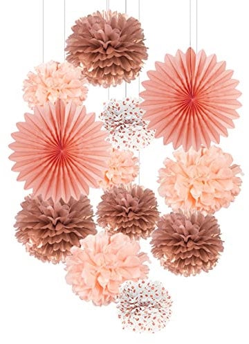Roségold Deko 12pcs Pompons Rose Gold Seidenpapier Pompoms Geburtstagsdeko Papier Fächer Rosa Pom Poms Set für Party Mädchen